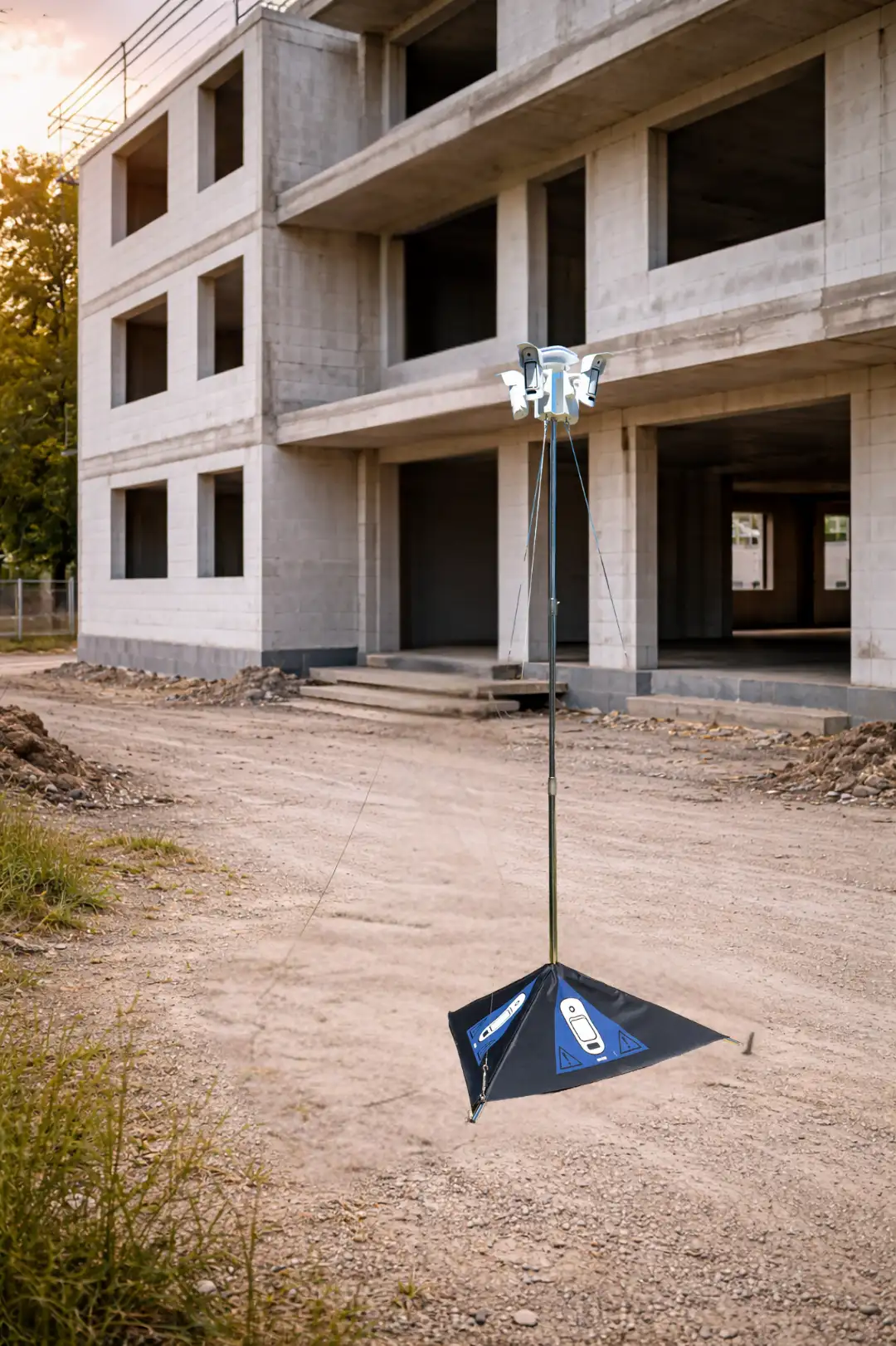 Mobiler Alarmturm vor einem Baustellenrohbau